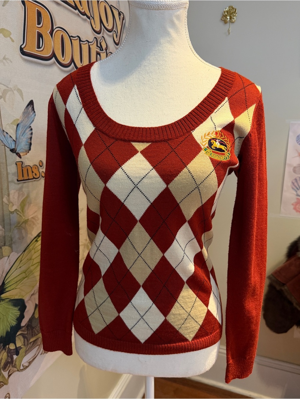 Burberry Red and Cream Argyle Scoop Neck Sweater